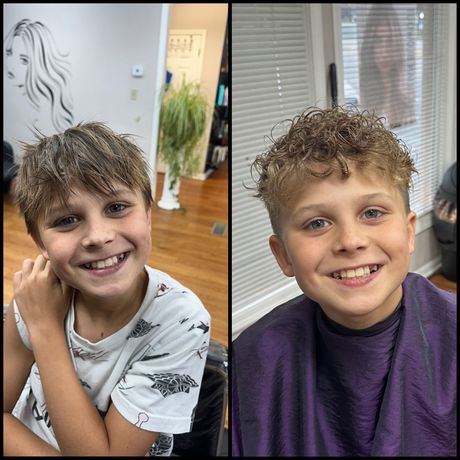 Two side-by-side portraits of a smiling child with curly hair in a room after a haircut, wearing different tops.