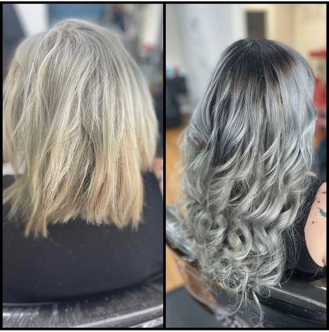 Before-and-after salon haircut: shoulder-length silver hair transformed into curled gray ombrÃ© style