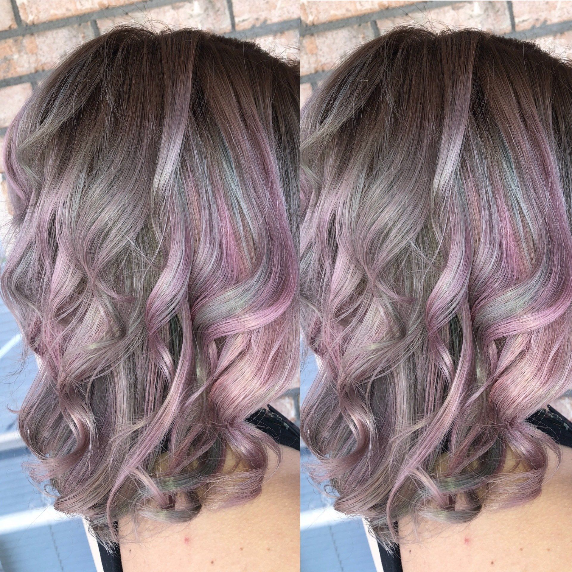 Side-by-side close-up of wavy brown hair with pink-purple highlights and soft curls at the ends
