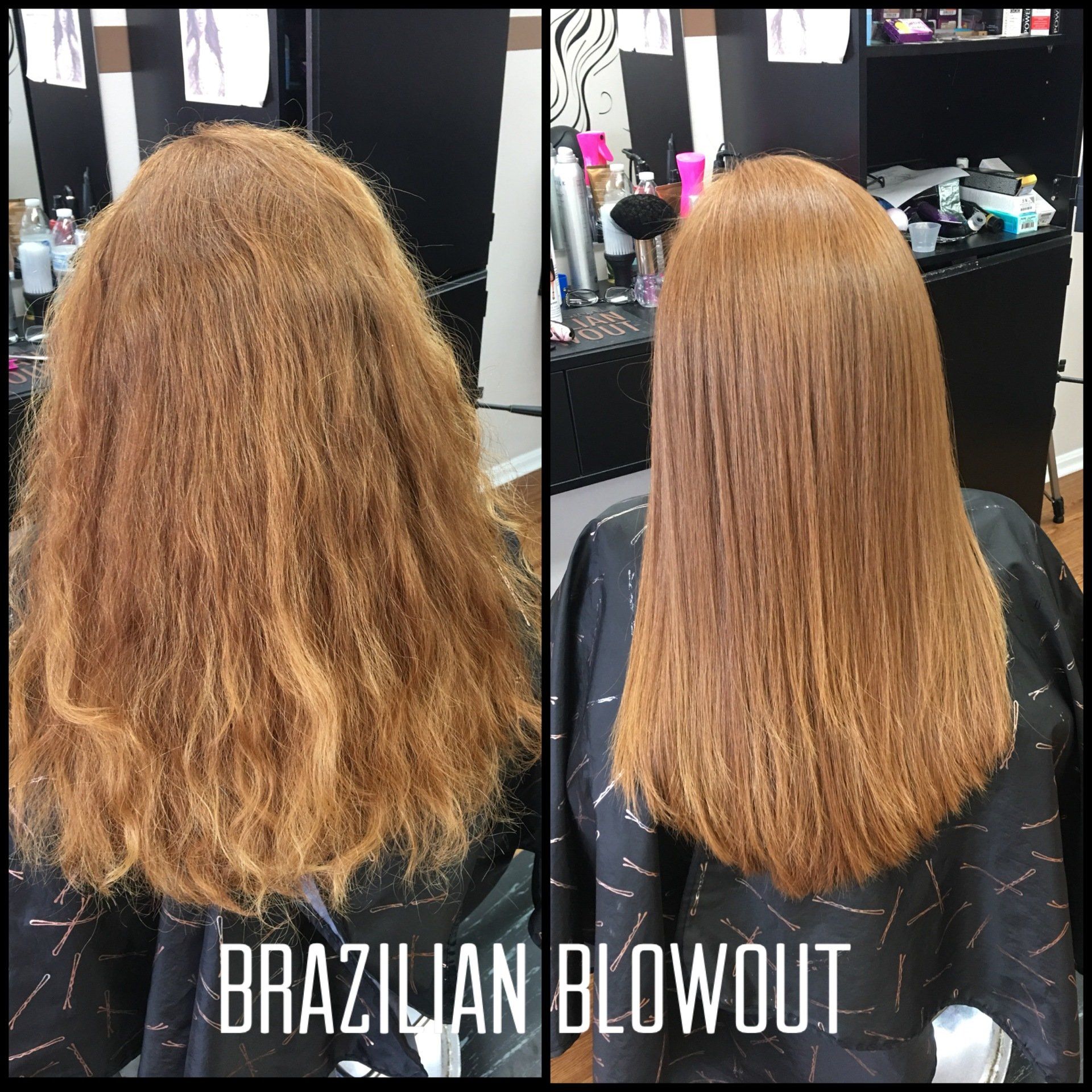 Before-and-after hair smoothing: frizzy light brown hair transformed into a sleek straight blowout.