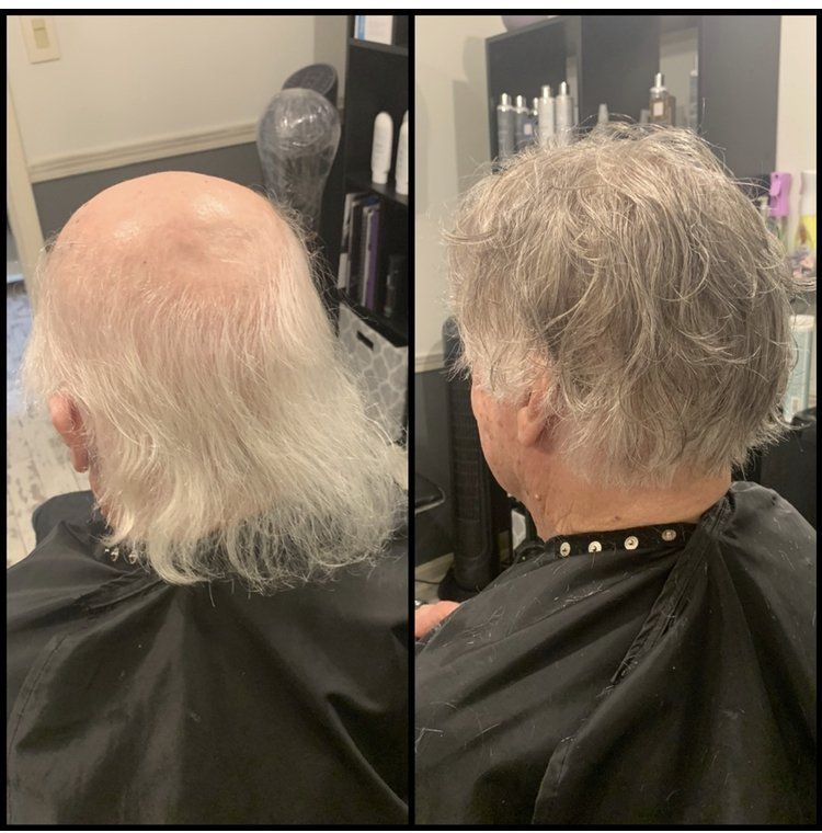 Before-and-after salon photos of a short white haircut, showing balding crown and fuller layered styling.