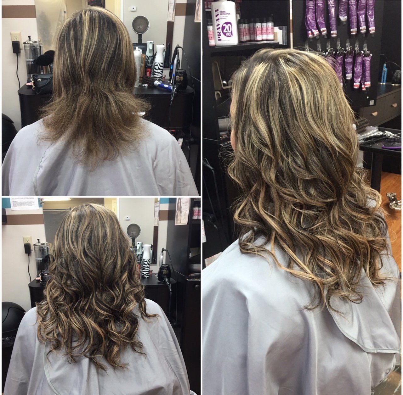 Hair salon before-and-after: layered curls added to shoulder-length blonde hair.