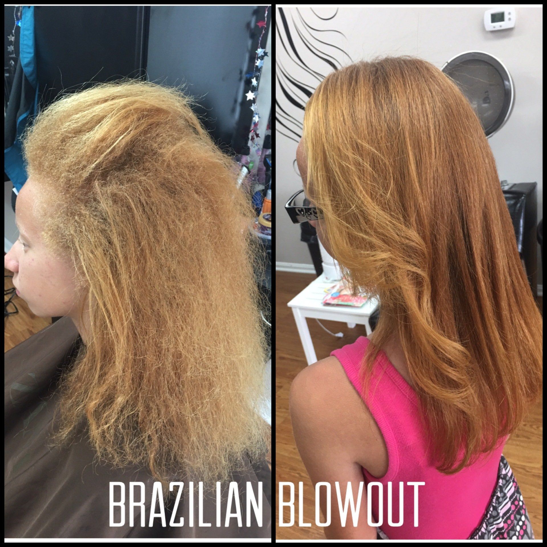 Side-by-side hair transformation: frizzy blonde hair and smooth, styled brunette hair with “Brazilian Blowout” text