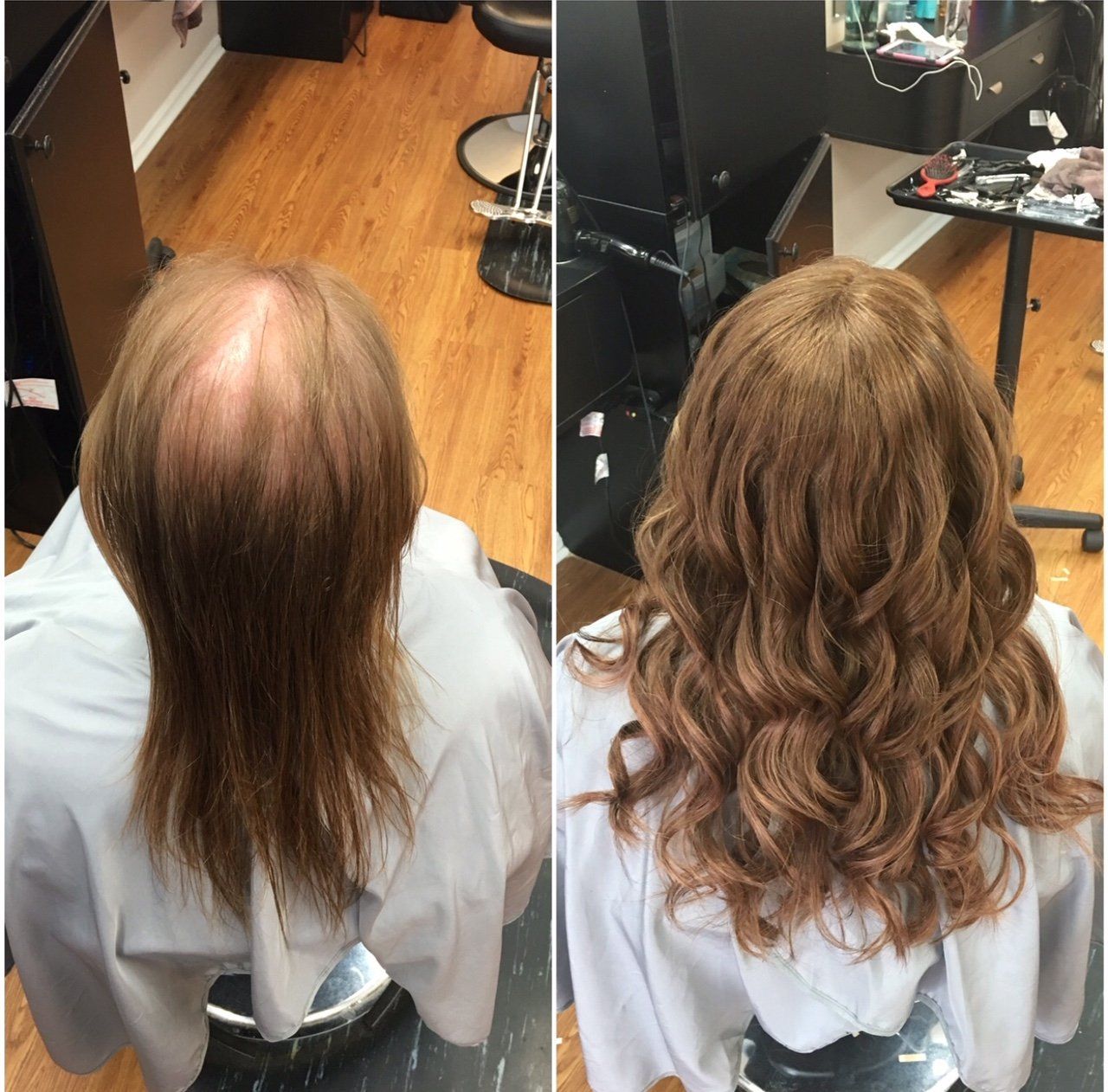 Before-and-after salon photo of long hair transformed from straight and thin to fuller, curly waves.