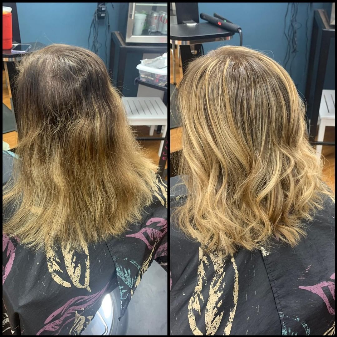 Before-and-after salon photo showing dark roots blended into blonde wavy hair.