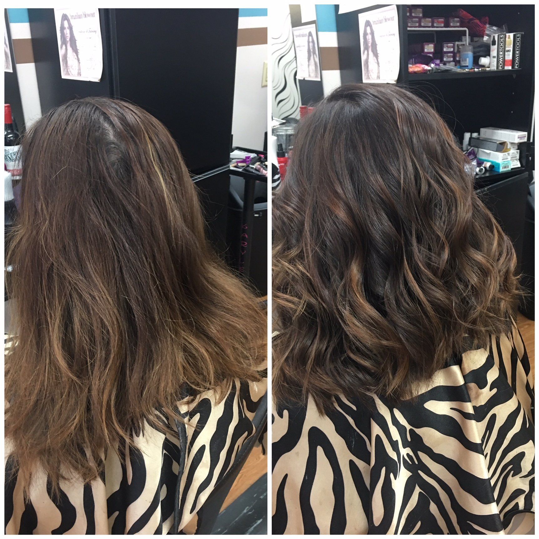Side-by-side salon photos of shoulder-length brown hair before and after loose curls