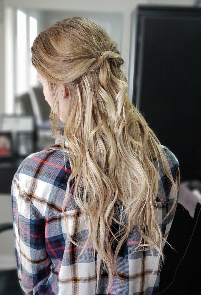 Back view of a person with long blonde hair in a half-up braid wearing a plaid shirt