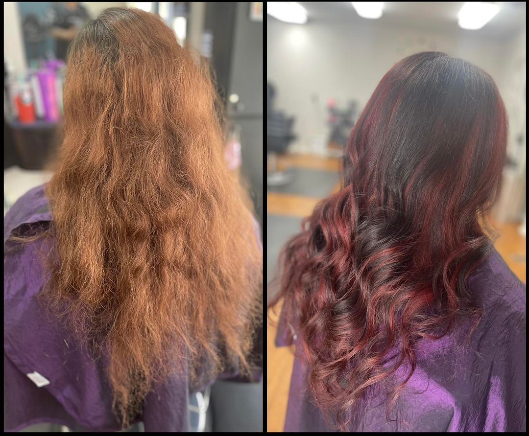 Before-and-after salon hair transformation: frizzy brown hair becomes smooth, curled burgundy hair.