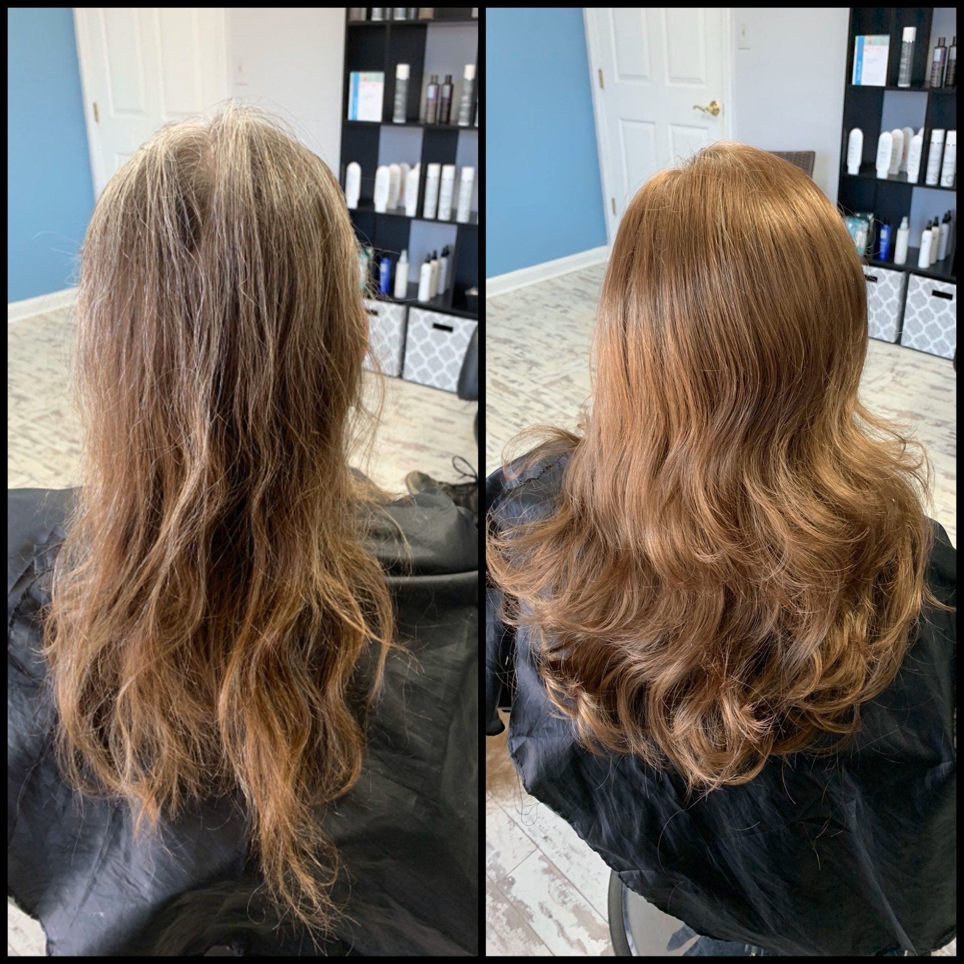 Before-and-after salon photo of wavy brown hair, showing a smoother, fuller style from the back