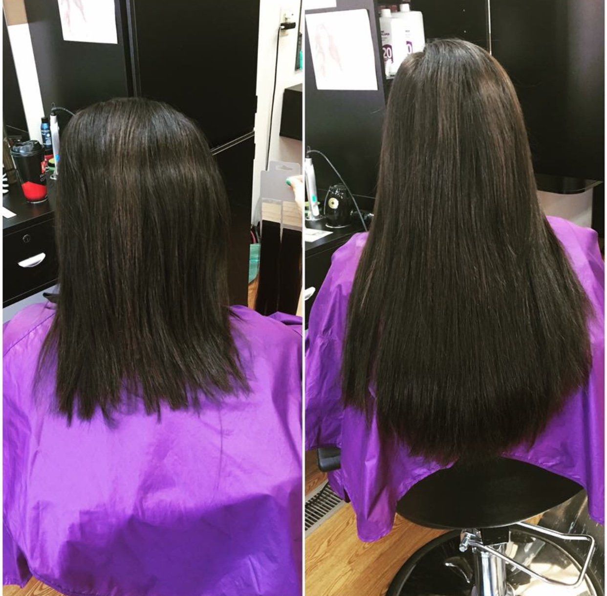Before-and-after view of long dark hair in a salon, showing a shorter cut on the left and fuller length on the right