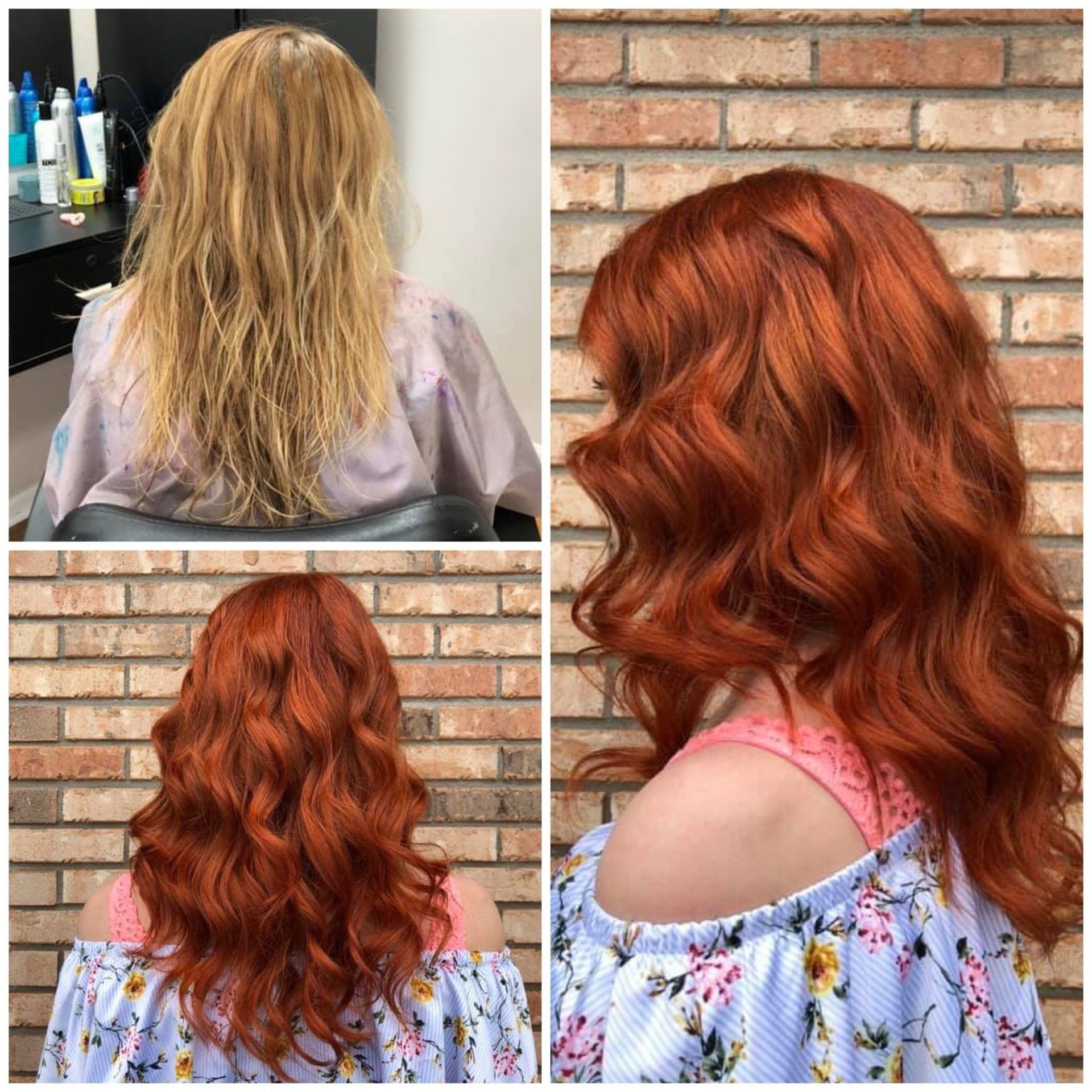 Before and after hair color transformation: blonde to vibrant copper-red, shown in two salon views.