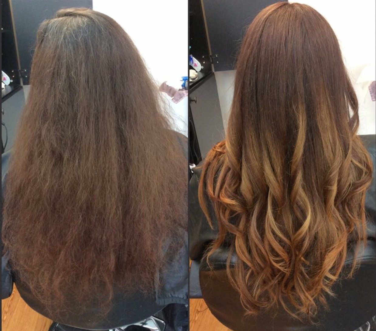 Hair transformation: long, frizzy brown hair before and styled wavy brown hair after.