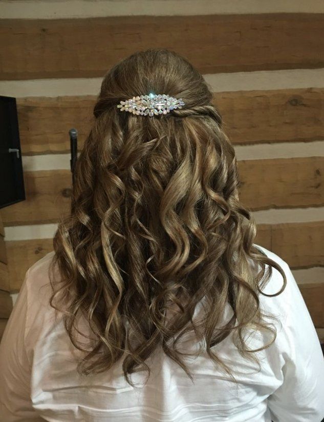 Long wavy brown hair half-up with jeweled clip against a wood-paneled background