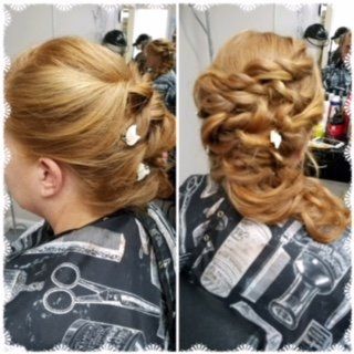 Side-by-side photos of a blonde updo hairstyle with loose, curled sections pinned at the back.