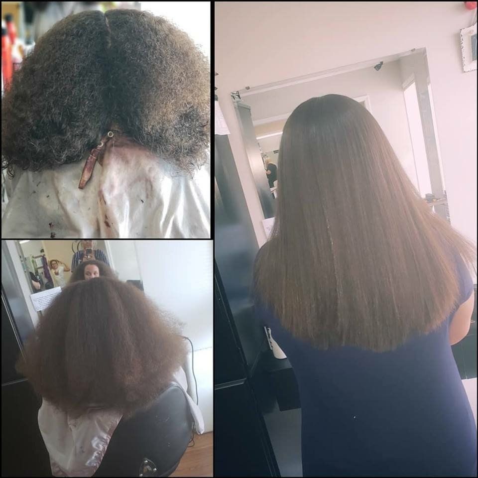 Hair transformation collage: curly hair before and smoother, straighter hair after salon styling