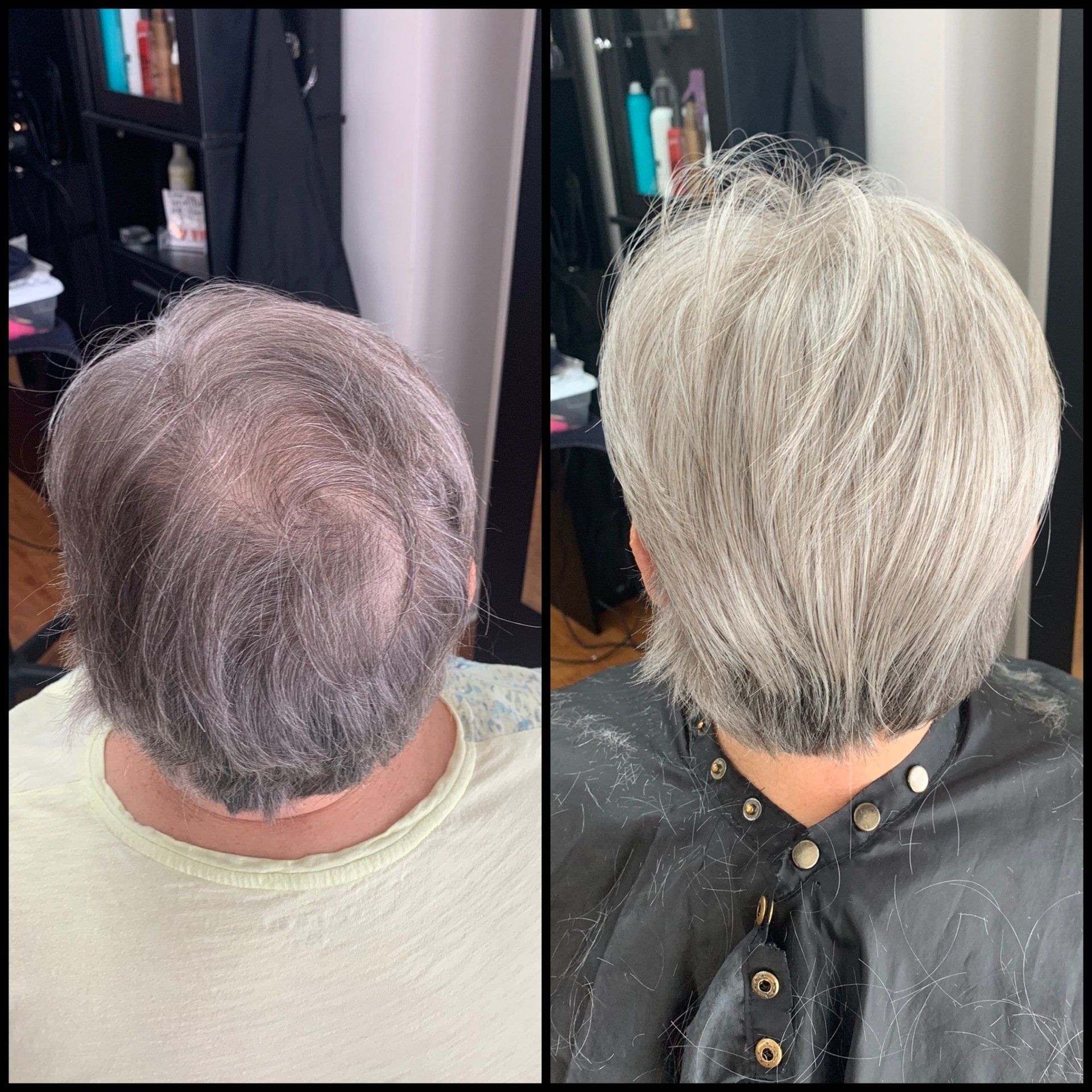 Side-by-side top-view photos of short hair before and after bleaching to silver blonde.