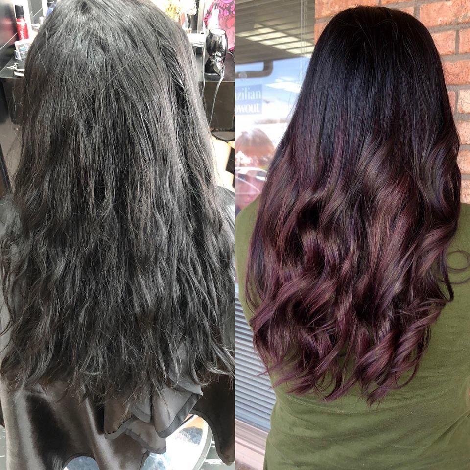 Side-by-side long wavy hair: gray on the left, dark brown with purple tips on the right.