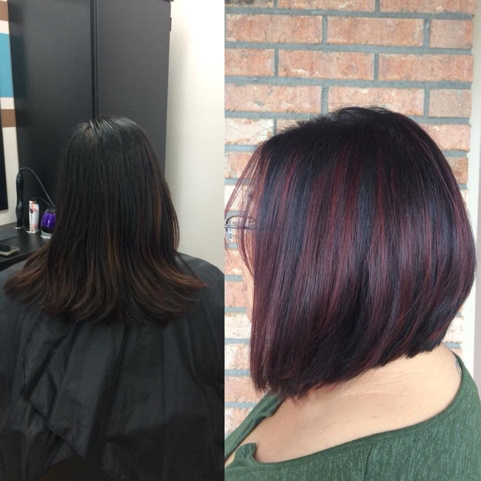Before-and-after hairstyle: shoulder-length dark hair changed to a burgundy bob with side bangs.