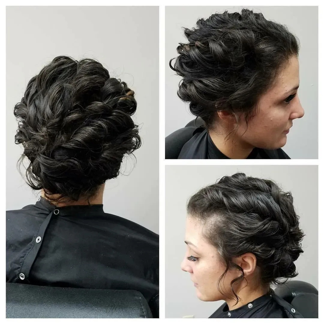 Collage of a short curly updo hairstyle shown from back and side angles on a salon chair.