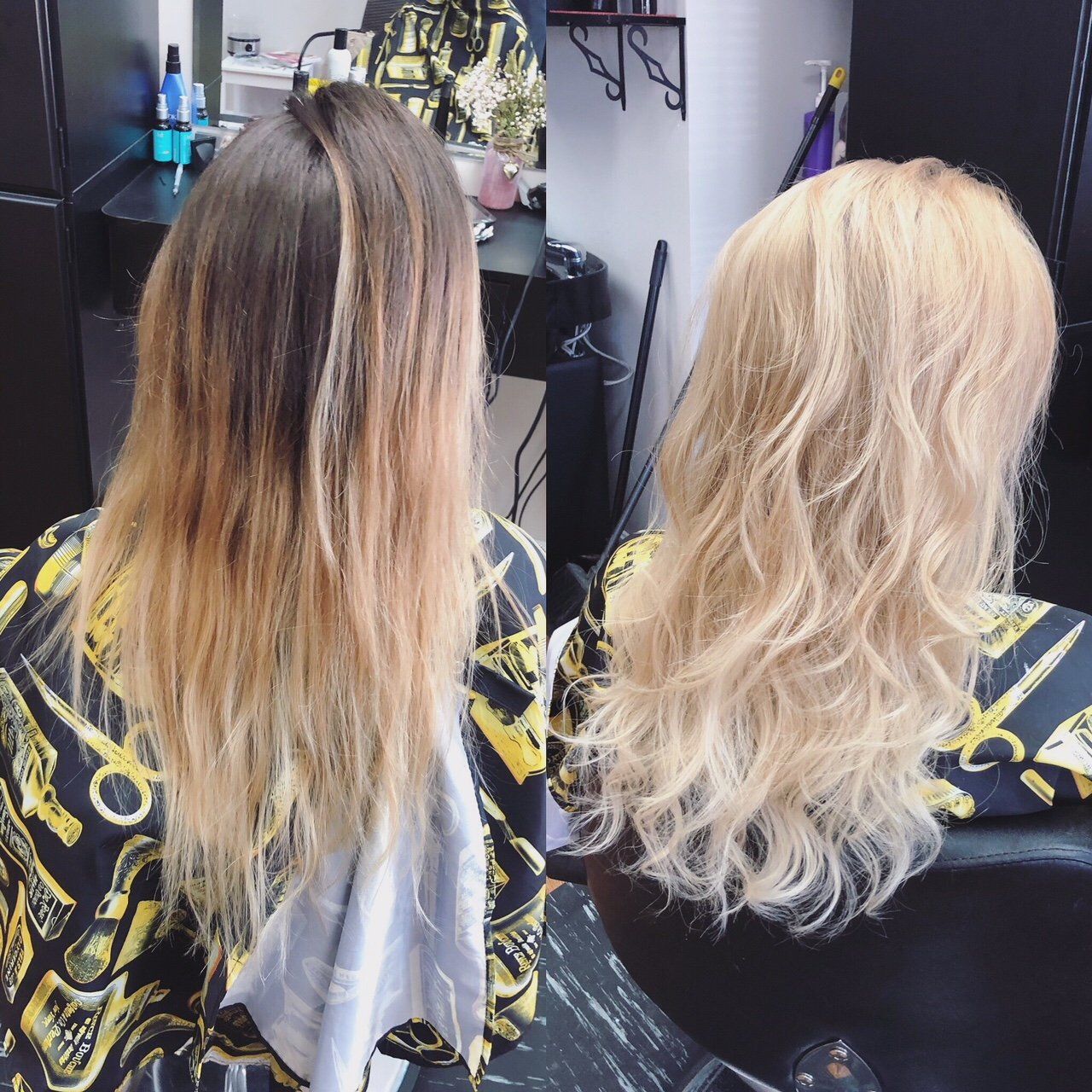 Before-and-after view of long blonde hair with darker roots, showing a styled transformation in a salon chair