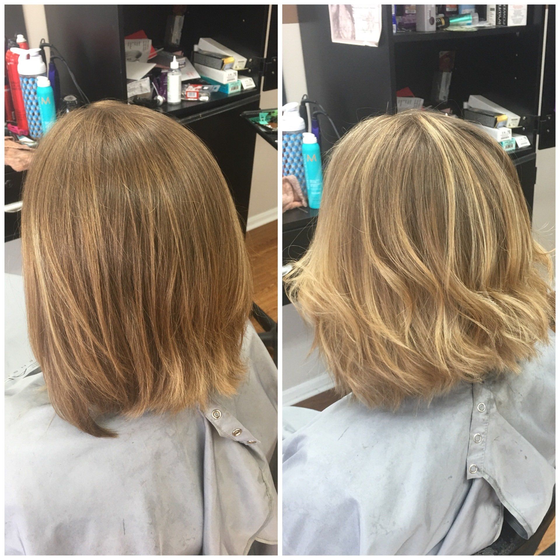 Side-by-side salon hair makeover: brown hair transformed into layered blonde waves.