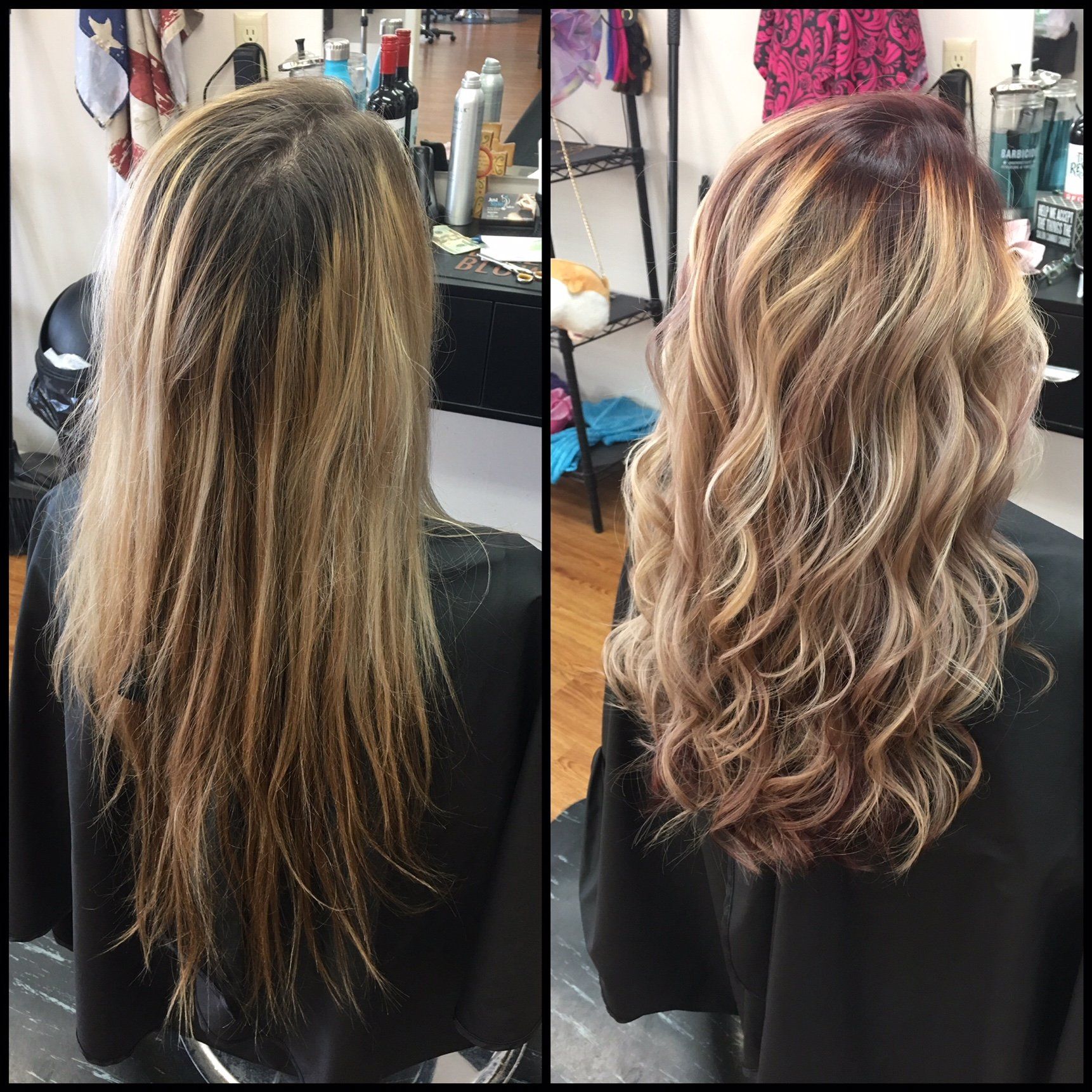 Before-and-after salon hair transformation: long highlighted hair to voluminous curled style.
