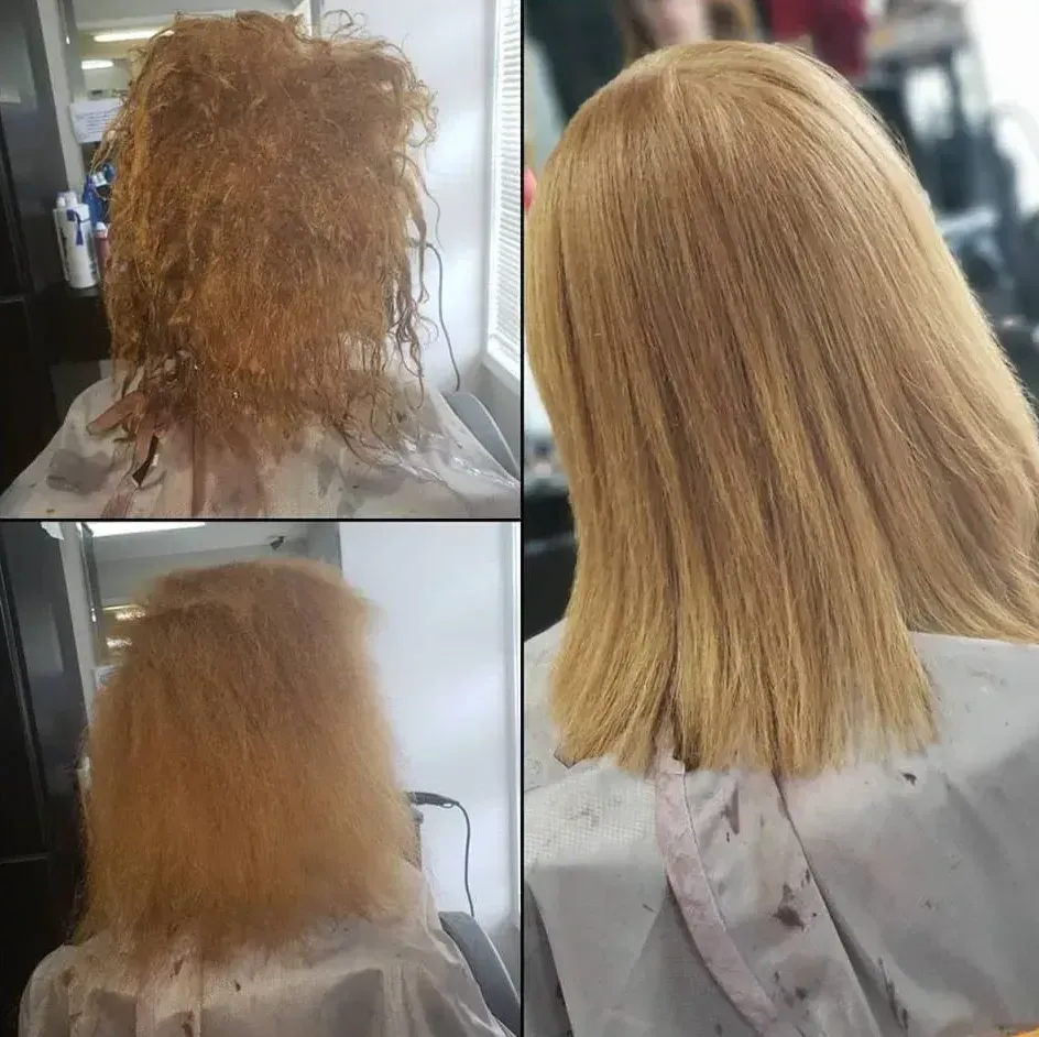 Before-and-after salon hair treatment: damaged frizzy hair transformed into smooth, straight blonde hair.