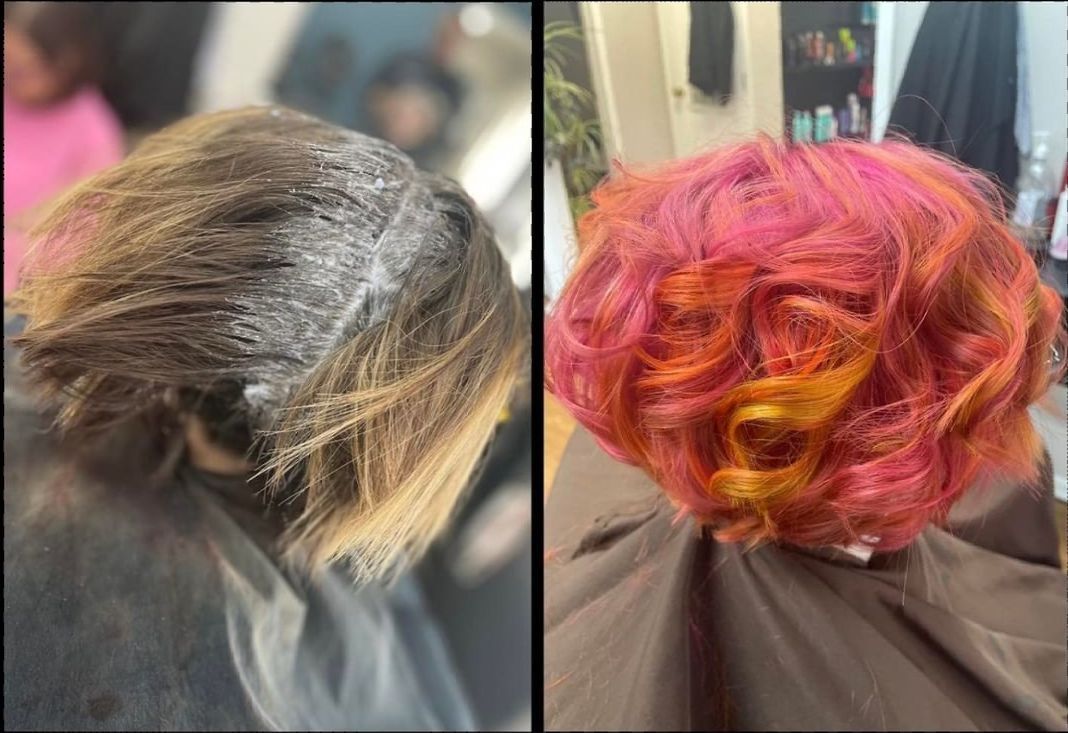 Side-by-side hair color transformation: dark hair on left, vibrant pink-orange curls on right.