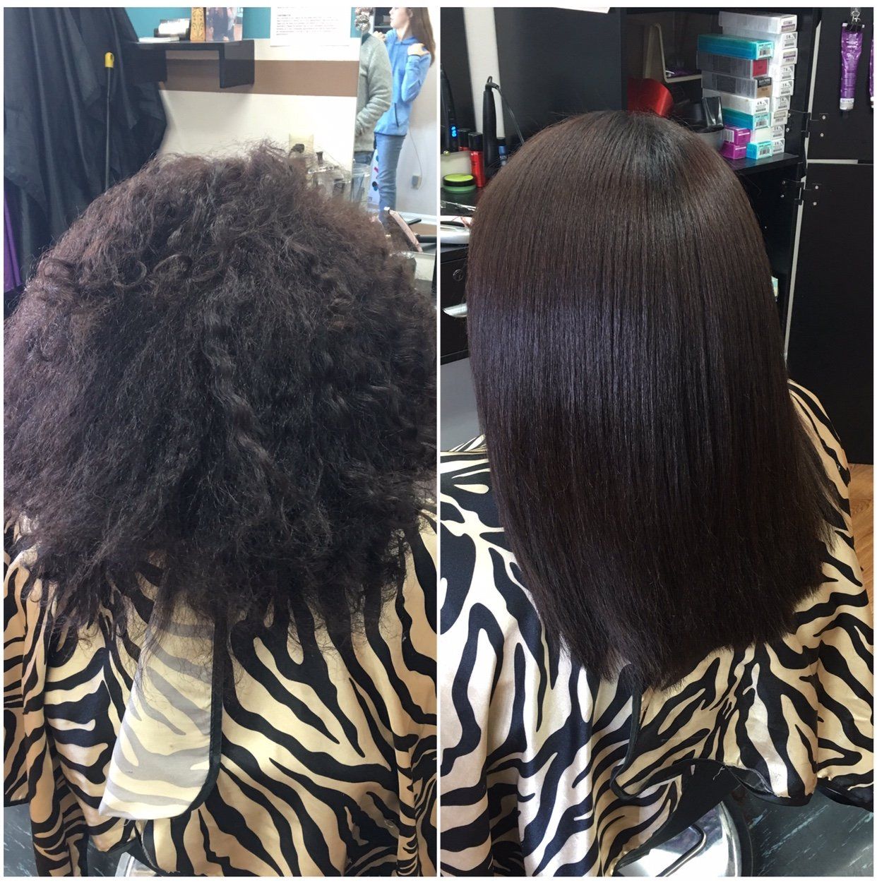 Hair salon before-and-after: curly hair transformed into sleek, straightened hair.
