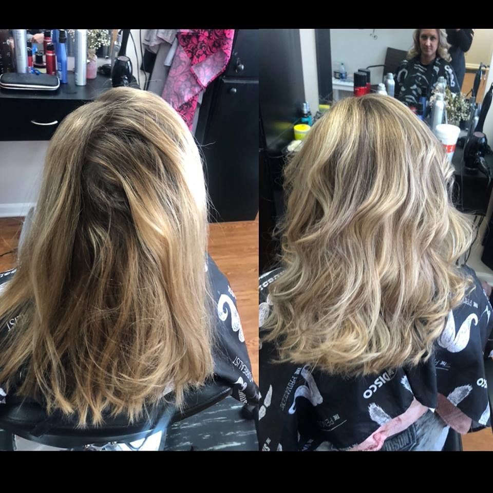 Before-and-after salon photo of shoulder-length blonde hair, showing a wavy, styled finish after the haircut.