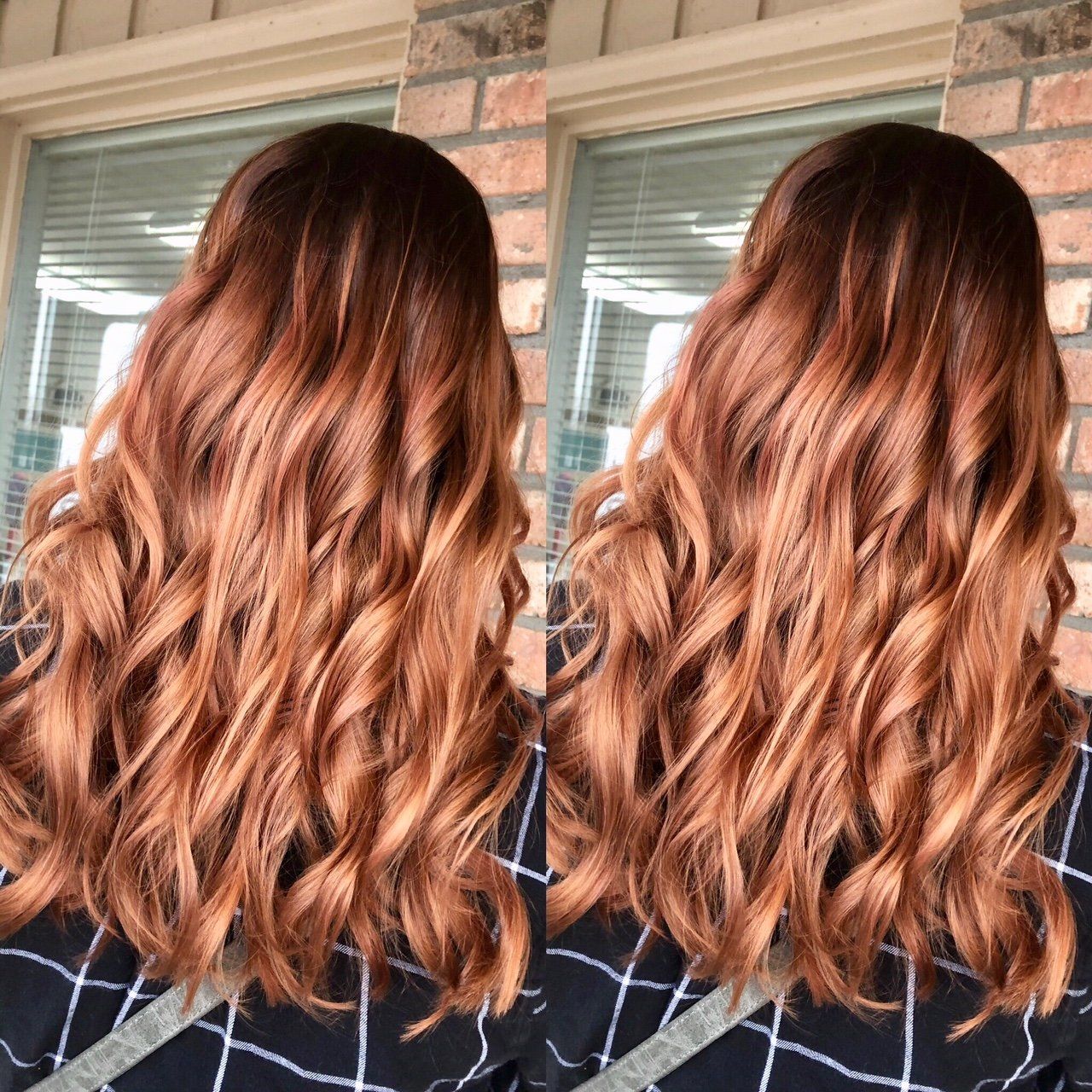 Side-by-side view of shoulder-length wavy copper hair with darker roots and blonde highlights