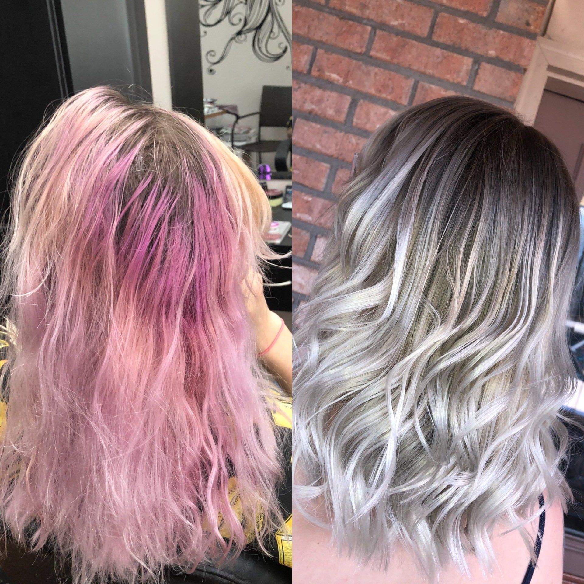 Before and after of shoulder-length hair: pink on the left, silver-gray on the right.