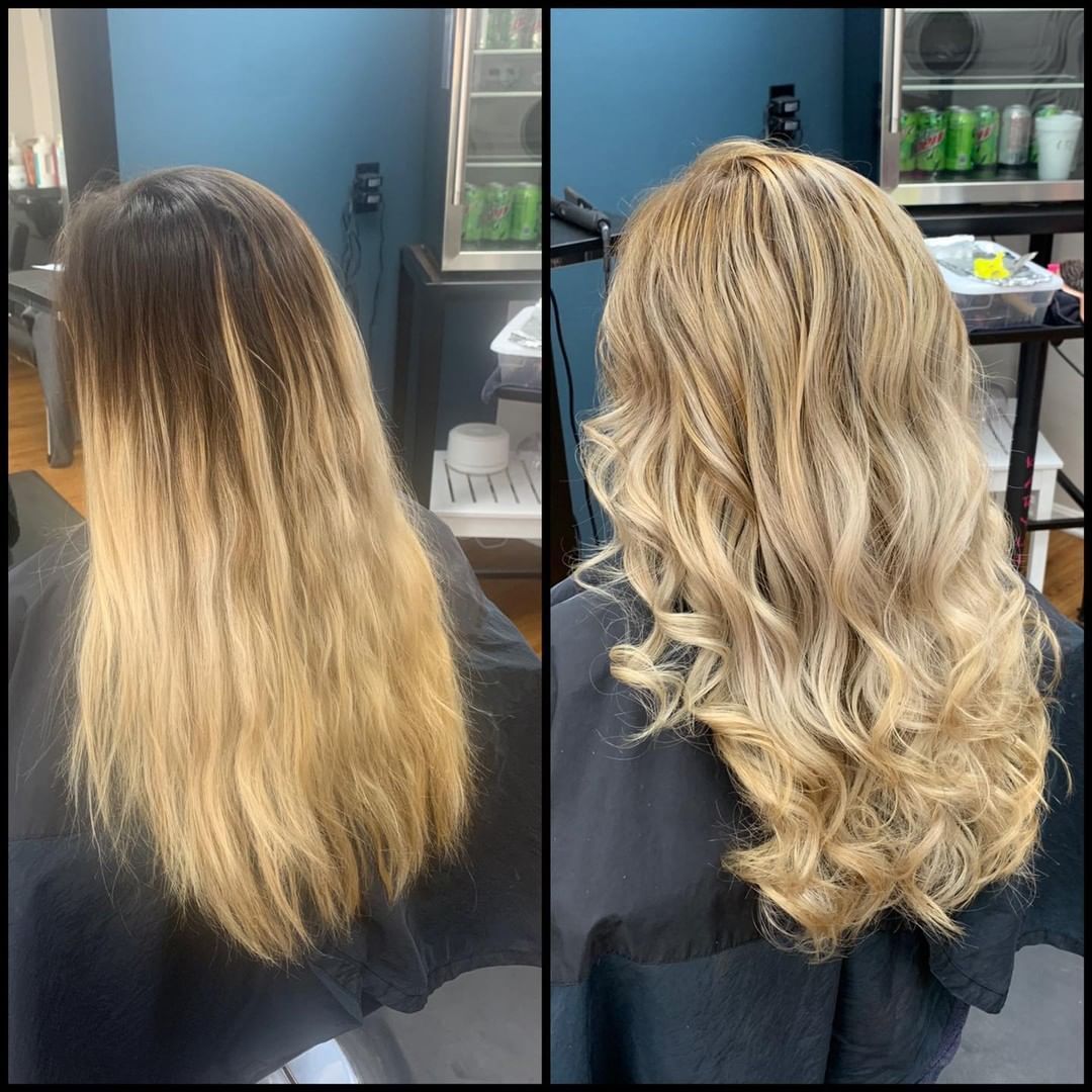 Before-and-after salon photo of long hair transformed from darker straight hair to blonde curls