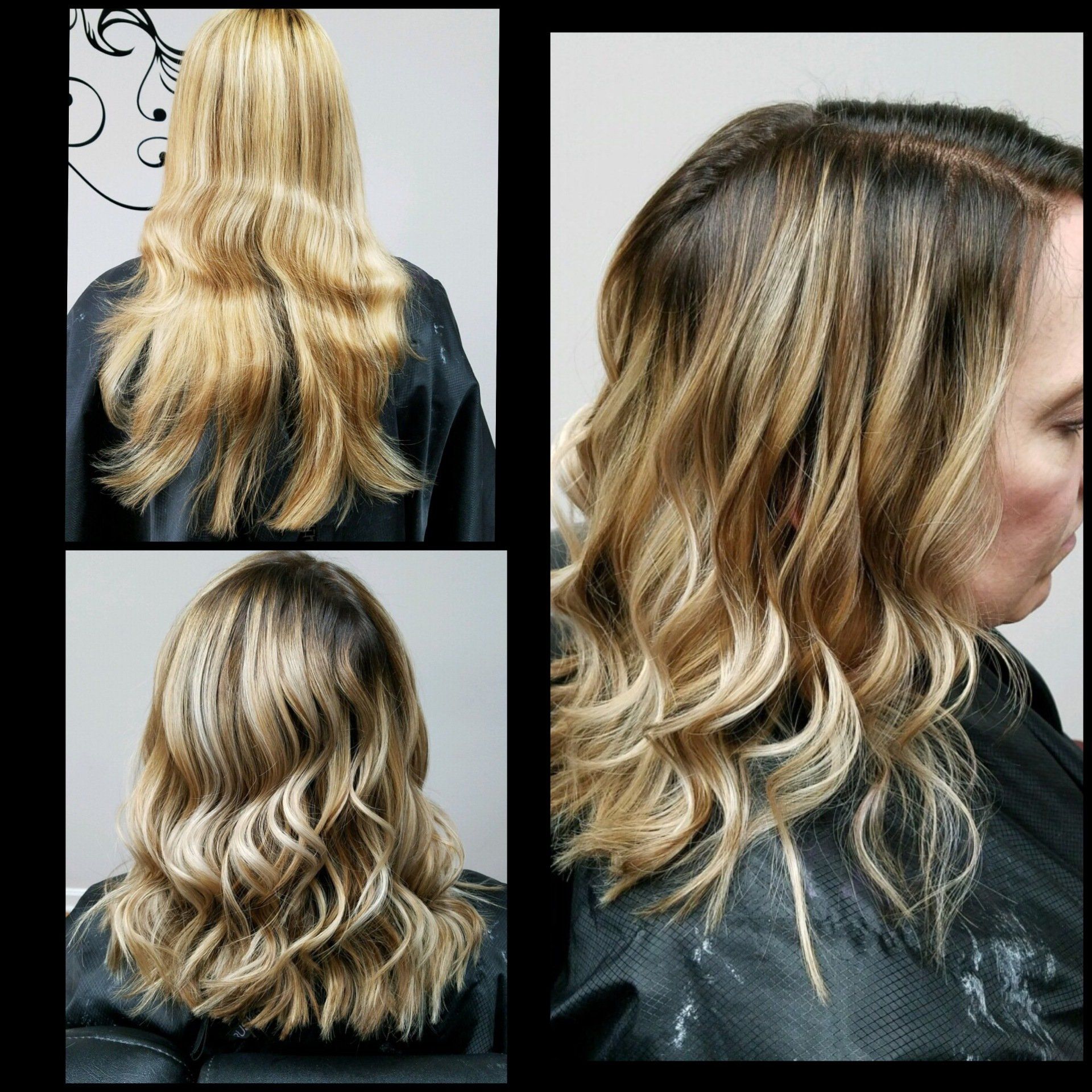 Blonde balayage hairstyle transformation shown from back, side, and curled finish.