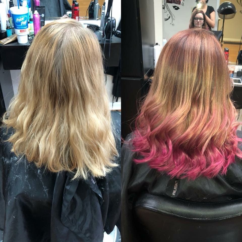 Before-and-after salon hair makeover: blonde hair changed to long pink ombré waves.