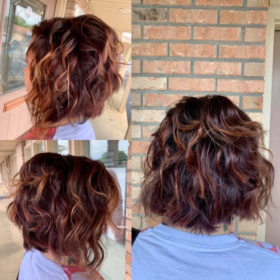 Short wavy brown bob haircut shown from side, back, and rear against a brick wall.