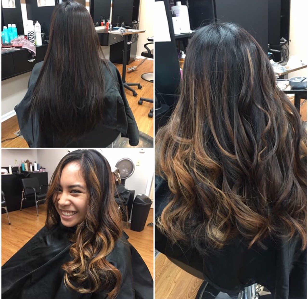Salon collage showing straight black hair transformed into wavy caramel-highlighted curls.