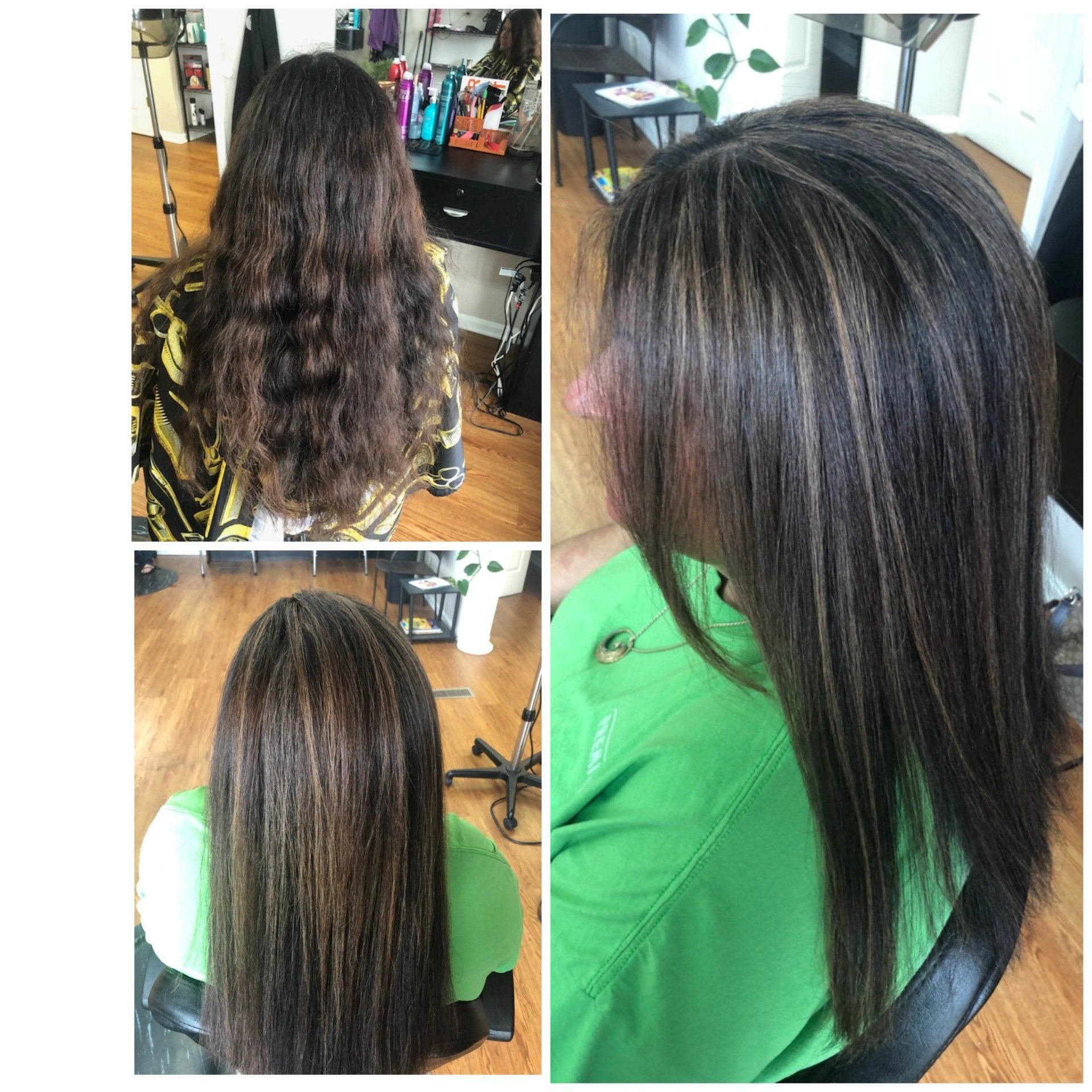 Salon photos of long dark hair before and after straightening and smoothing