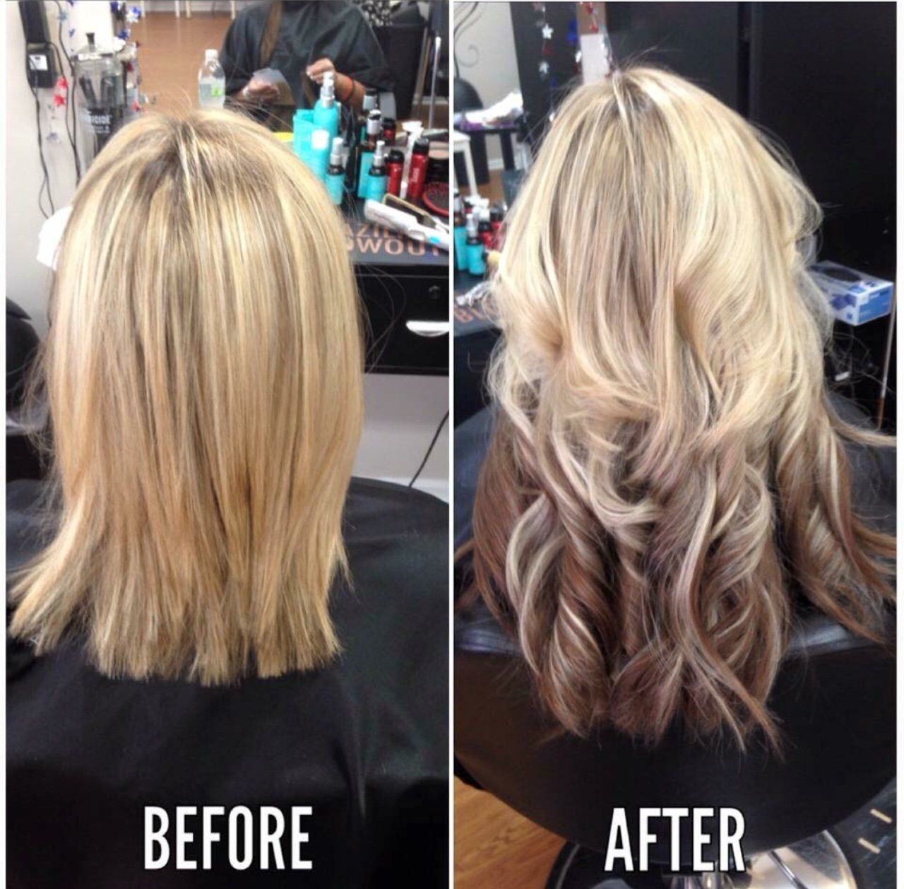 Before-and-after hairstyle photo: straight blonde hair transformed into curled, highlighted waves.