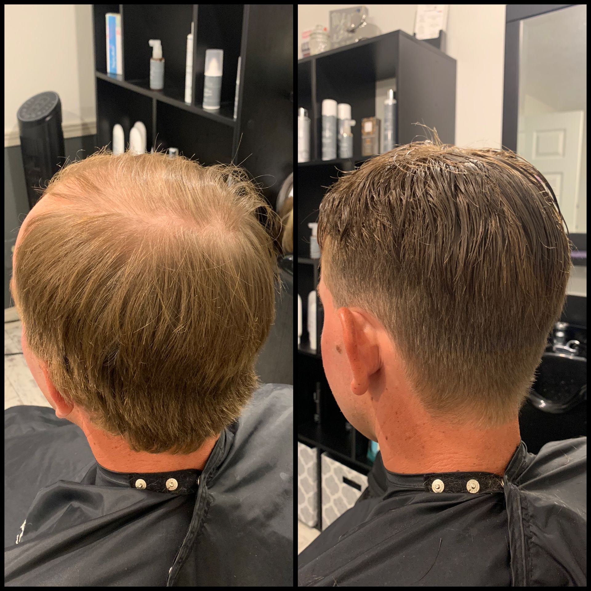 Side-by-side salon haircut comparison of thinning crown before and fuller, shorter back after.