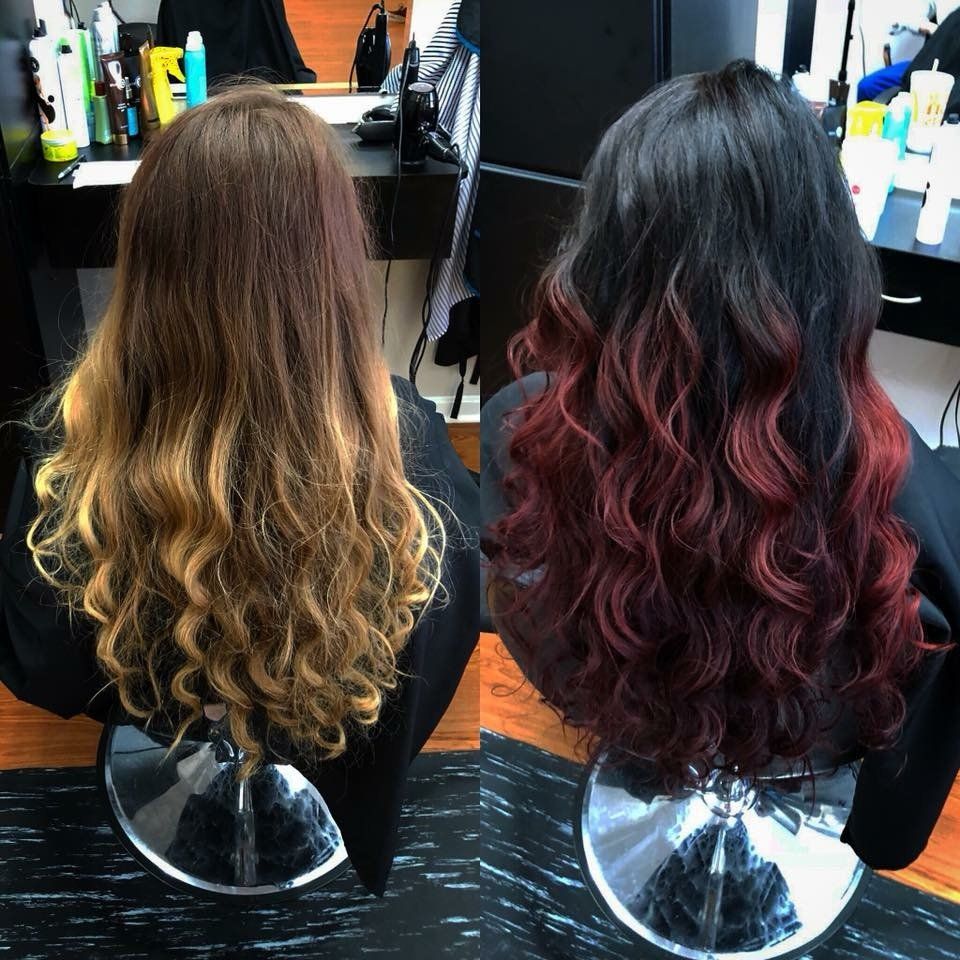 Two curly hairstyles shown from behind: blonde ombré on the left, burgundy waves on the right.