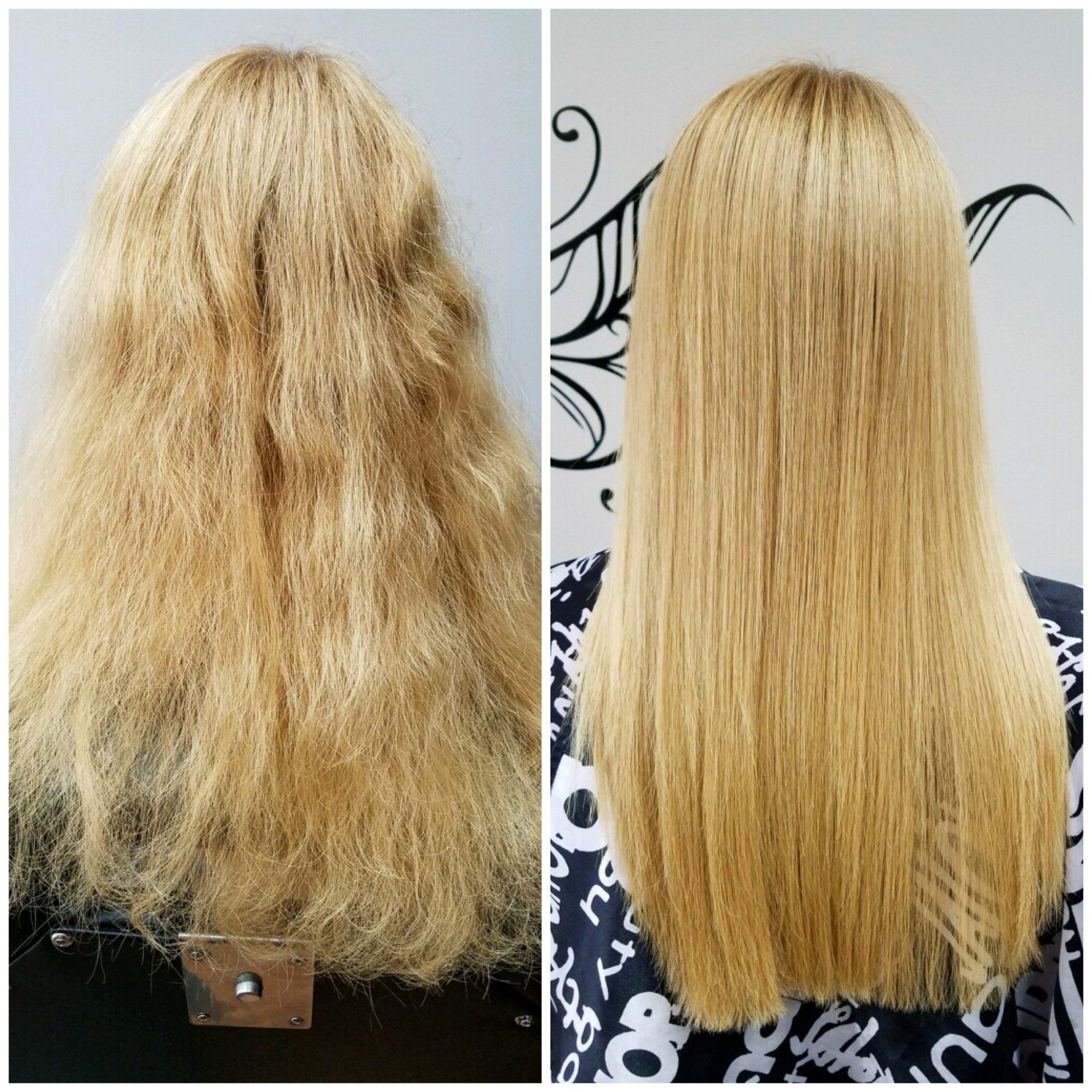 Side-by-side hair comparison: frizzy blond hair on the left, smooth straight blond hair on the right.