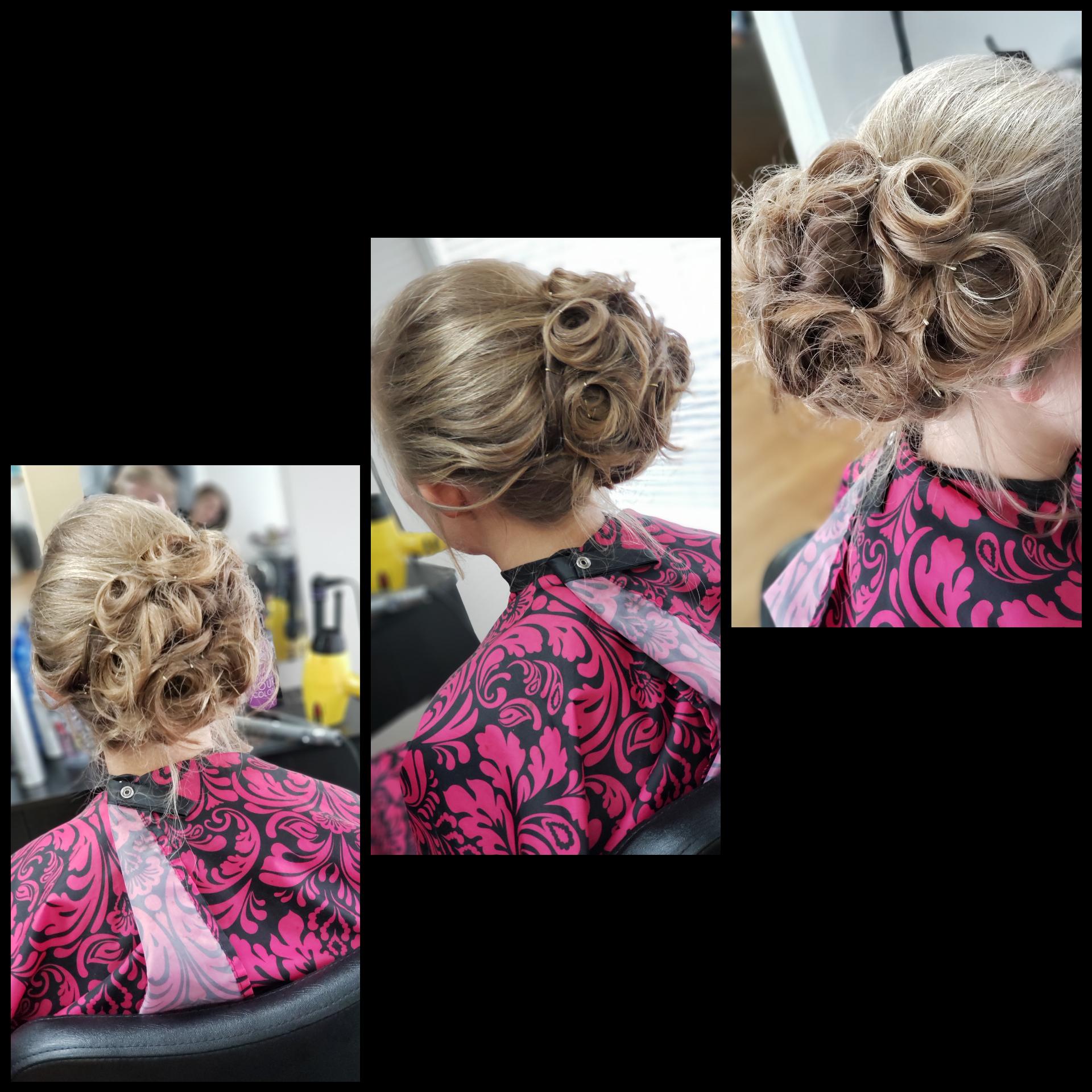Three views of an elegant curled updo on a person wearing a pink-and-black patterned top