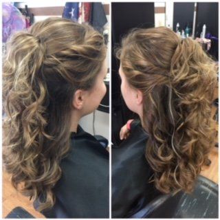 Side-by-side views of a curly updo hairstyle with twisted half-up sections, shown from behind.