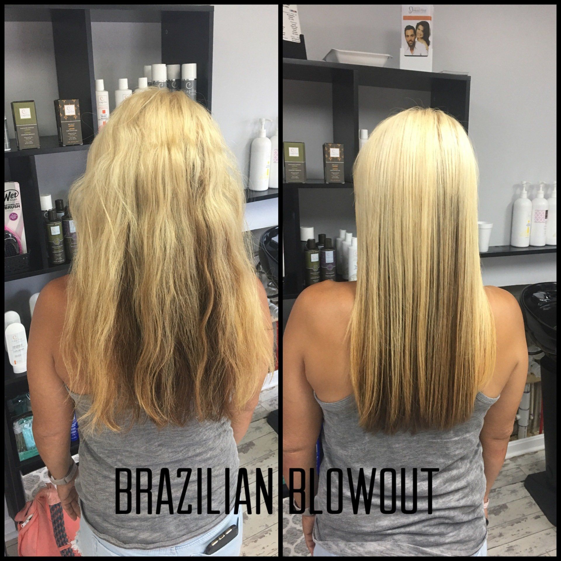 Side-by-side salon hair transformation: frizzy brown hair to smooth, straight blonde hair with “Brazilian Blowout” text.