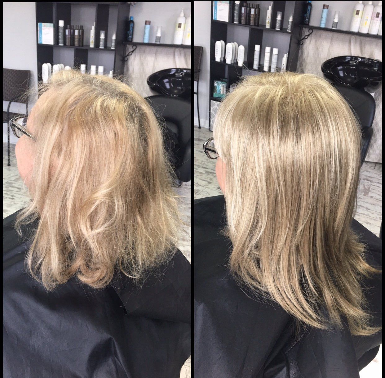 Before-and-after salon photo of a blonde layered haircut, showing improved shape and smoothness.