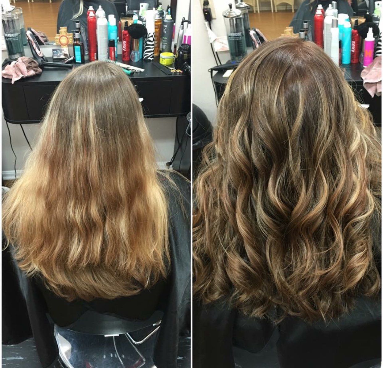 Hair salon before-and-after of long blonde hair transformed into wavy, highlighted curls