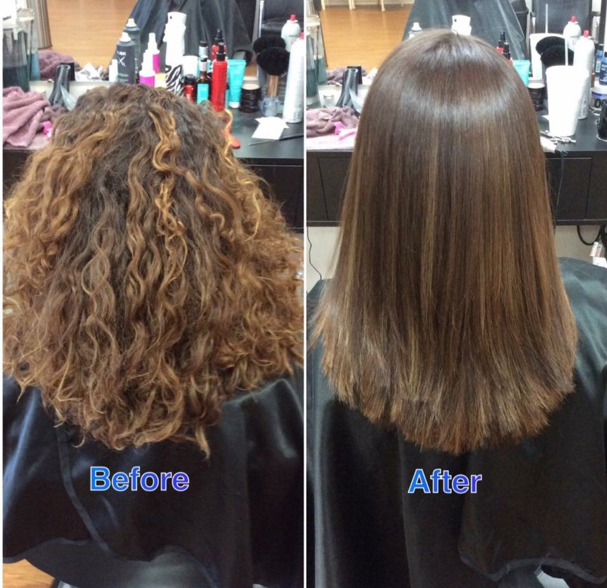 Hair salon before-and-after: curly brown hair transformed into smooth, straight, glossy hair.