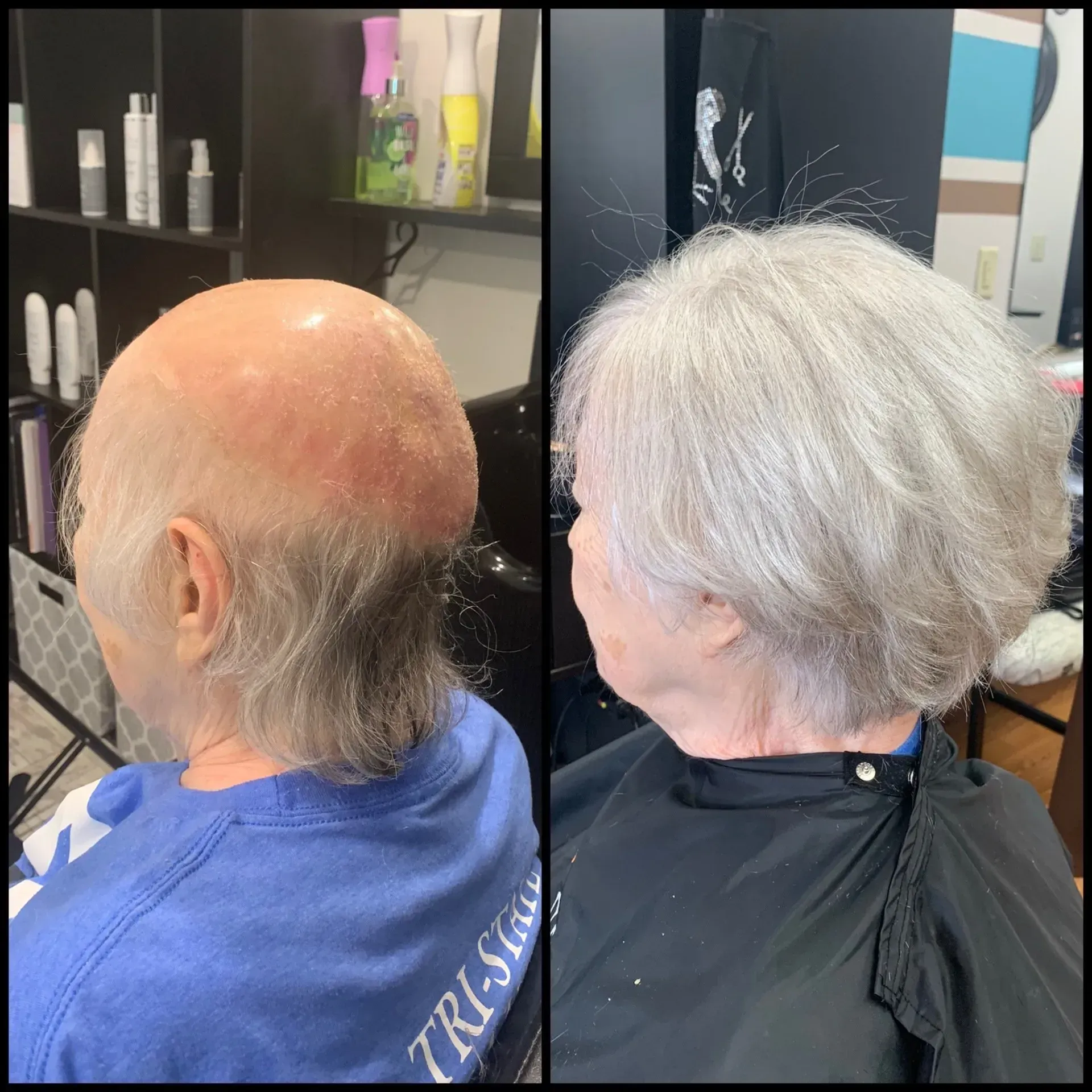 Side-by-side salon before-and-after of a balding head with a short gray haircut and fuller gray style.
