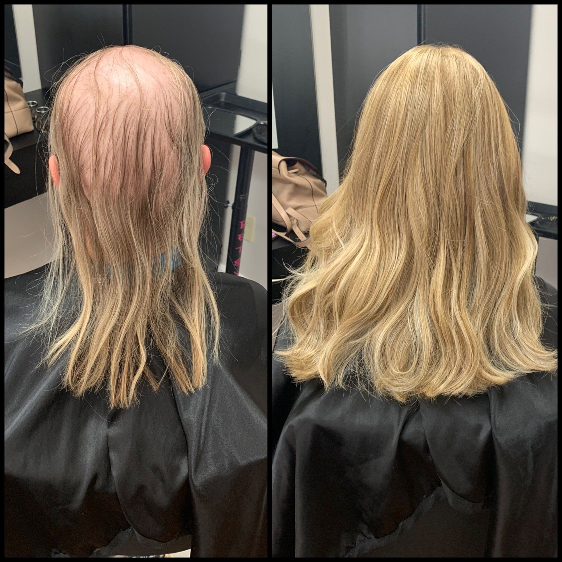 Before-and-after salon hair transformation: pink hair to blonde wavy layers.